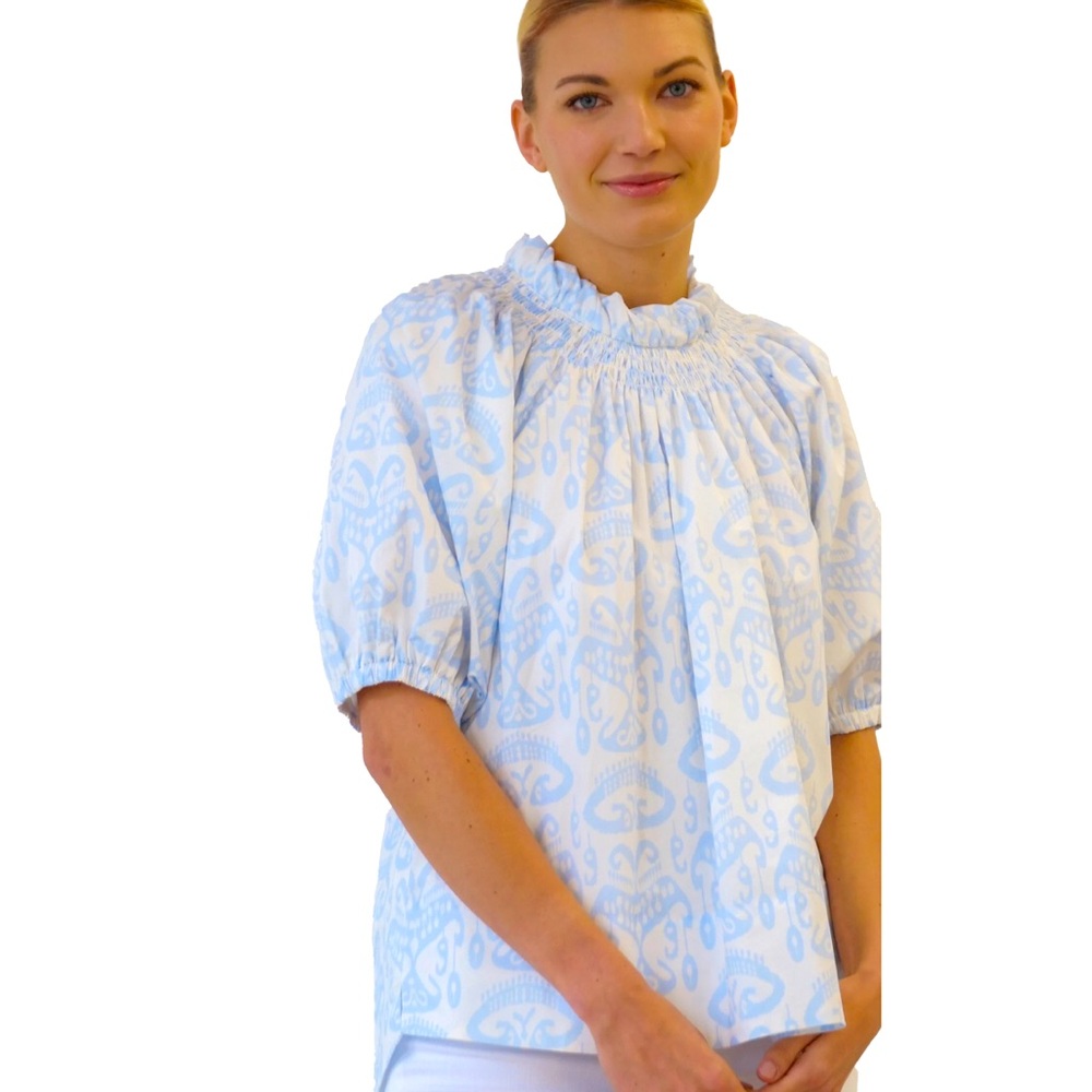 Toss Designs Cotton Puff Sleeve White/Blue Print Blouse Top One Size